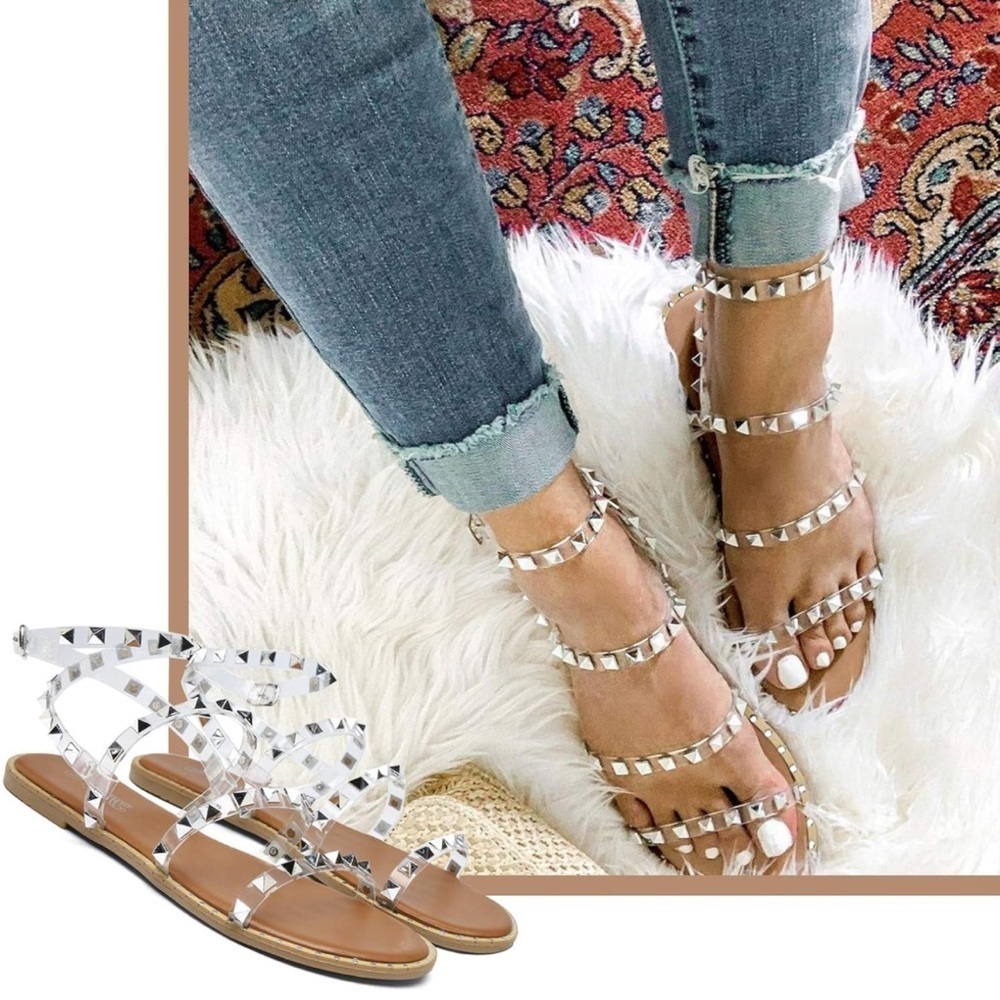 katliu Women's Flat Sandals Strappy Studded 8